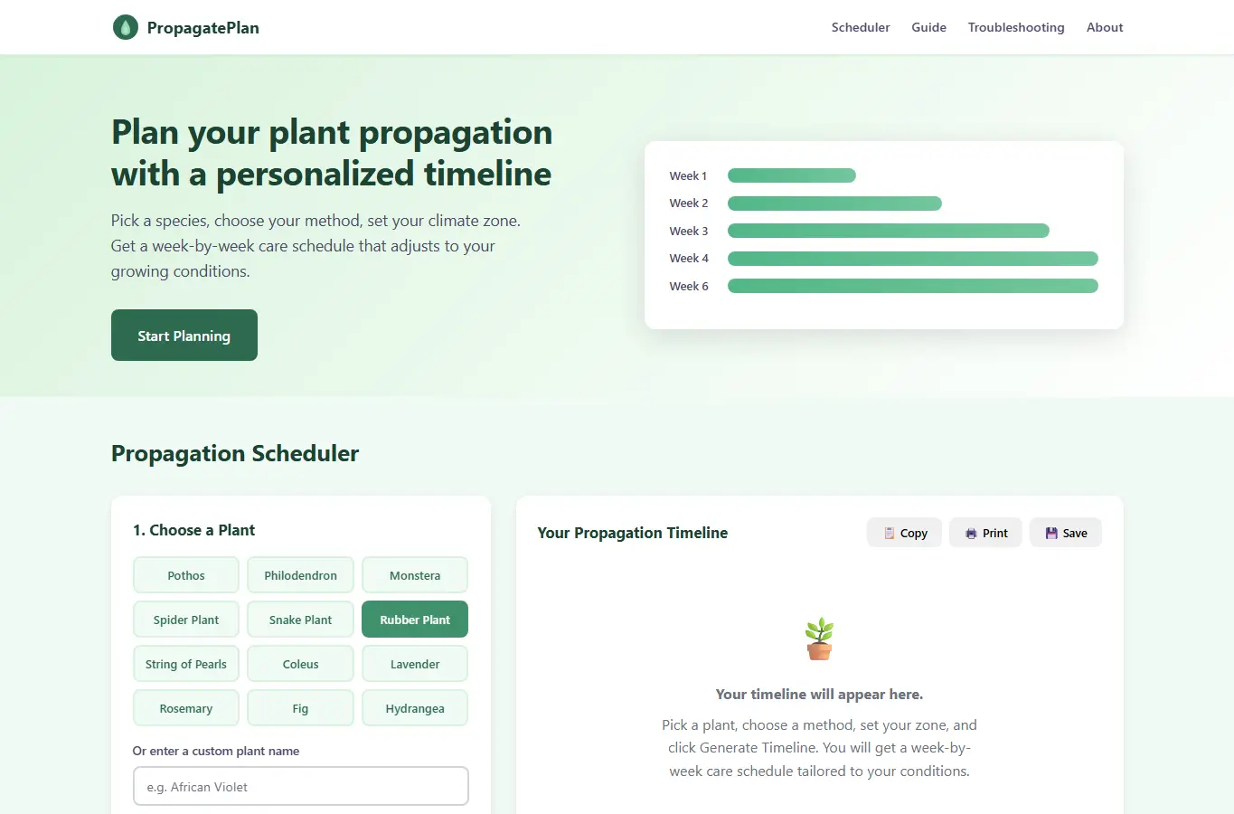 Screenshot of PropagatePlan: Plant Propagation Scheduler interface showing the project page in use